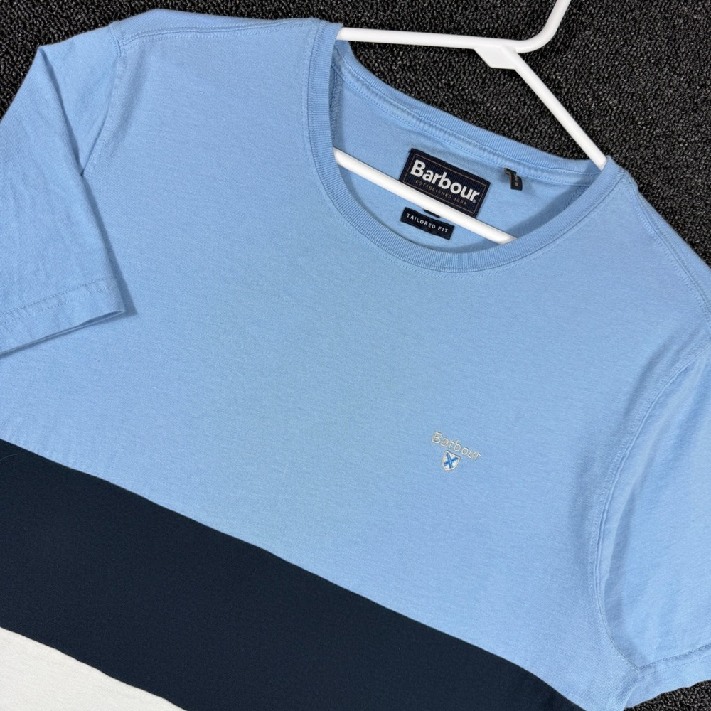 Barbour Mens M Tailored Fit Colorblock T-Shirt Blue Navy White Embroidered Log0